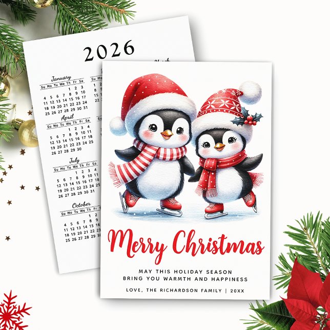 Merry Christmas Red White Fun Ice Skating Penguins Holiday Card (Red and White Merry Christmas Card with Funny Ice Skating Penguins and 2026 Calendar)
