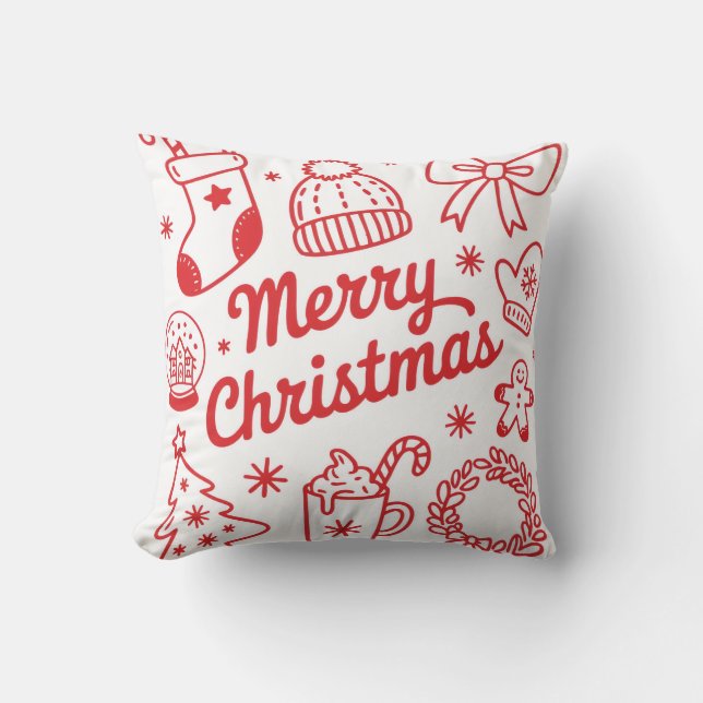 Merry Christmas Red & White Holiday Throw Pillow (Front)