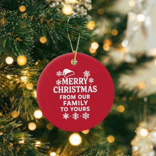 Merry Christmas red white modern family greetings Ceramic Ornament