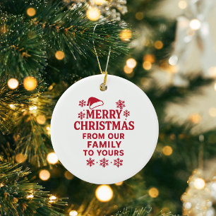 Merry Christmas red white modern family greetings Ceramic Ornament