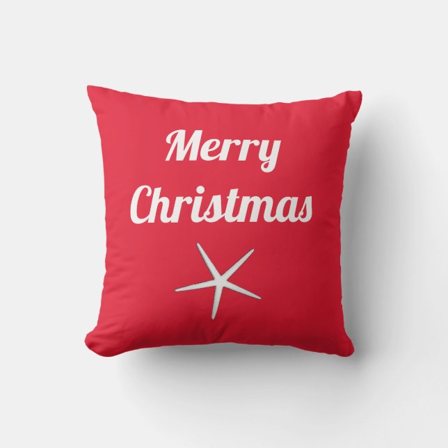 Merry Christmas Red White Nautical Starfish Gift Cushion (Front)