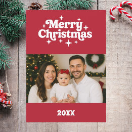 Merry Christmas red white retro photo card