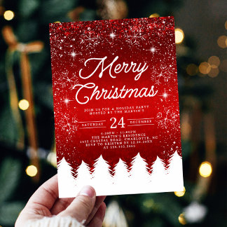 Merry Christmas Red & White Snowflakes Party Invitation