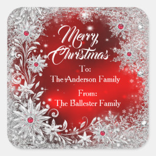 Merry Christmas Red White snowflakes red gems Square Sticker