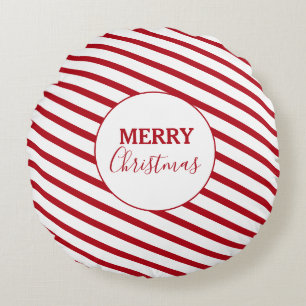 Merry Christmas Red & White Stripes Candy Cane Round Cushion