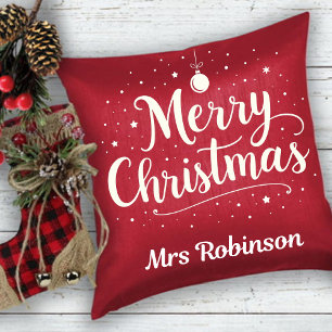 Merry Christmas Red White Trendy Custom Name Cushion