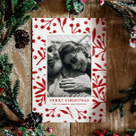 Merry Christmas. Red winter floral botanical photo Holiday Card<br><div class="desc">"Merry Christmas" photo card with red floral botanical pattern for winter holiday.</div>