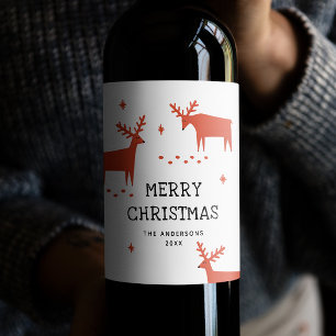 Merry Christmas. Red winter woodland reindeer Wine Label