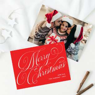 Merry Christmas   Red with Calligraphy and Photo Holiday Card