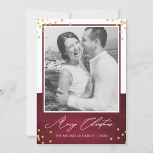 Merry Christmas Red with Faux Gold and Photo Holiday Card
