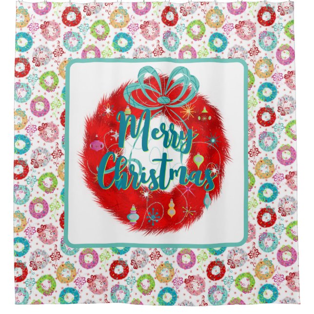 Merry Christmas Red Wreath Retro Christmas Shower Curtain (Front)