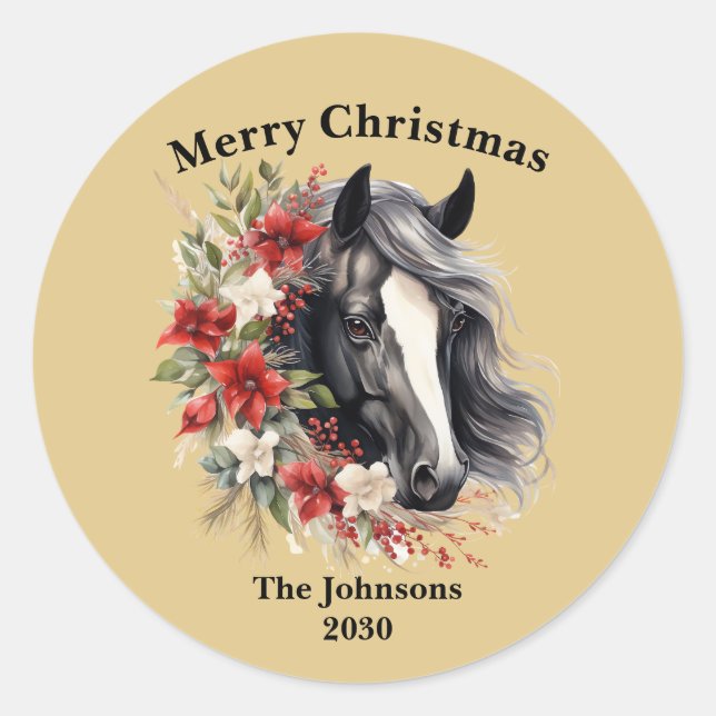 Merry Christmas Regal Black Horse Brown Wreath  Classic Round Sticker (Front)