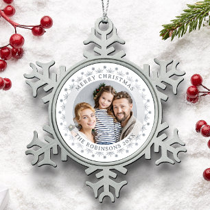 Merry Christmas Regal Custom Photo Stylish Silver Snowflake Pewter Christmas Ornament