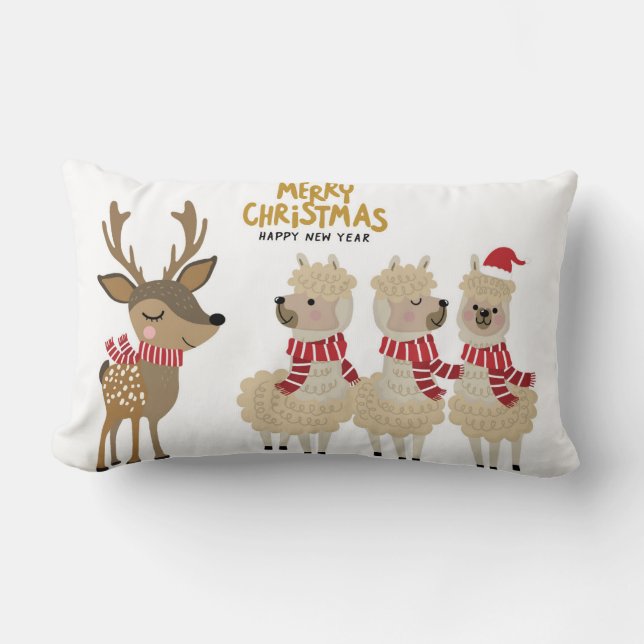 Merry Christmas | Reindeer & Alpacas Lumbar Cushion (Front)