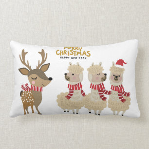 Merry Christmas   Reindeer & Alpacas Lumbar Cushion