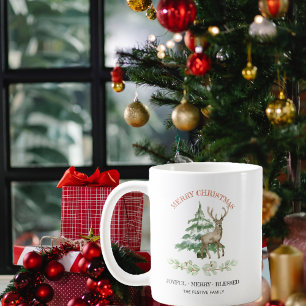 Merry Christmas Reindeer and Family Name Coffee Mug