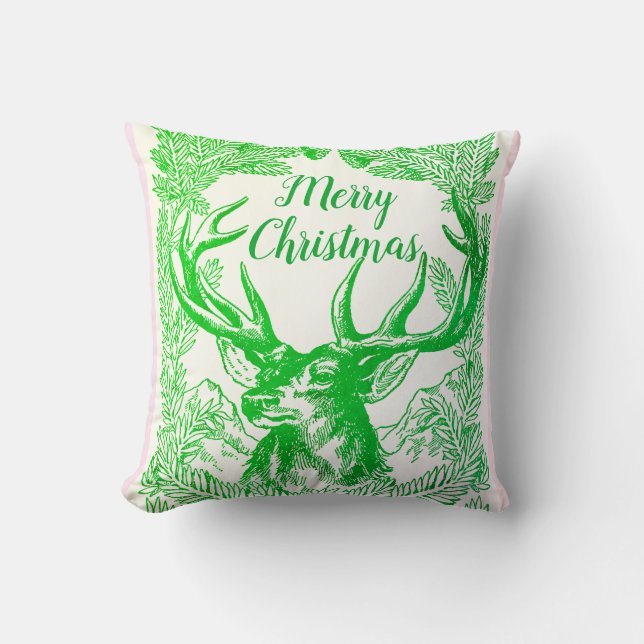 Merry Christmas Reindeer And Pine Boughs Holiday Cushion (Front)