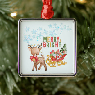 Merry Christmas Reindeer and Santa Sleigh Metal Ornament