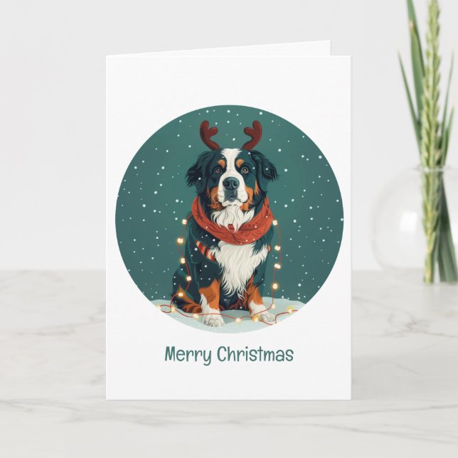 Merry Christmas Reindeer Bernese Mountain Dog Holiday Card (Front)