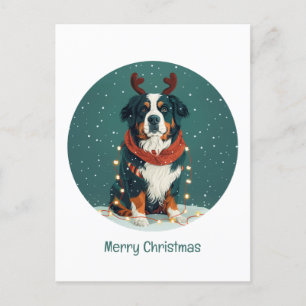 Merry Christmas Reindeer Bernese Mountain Dog Holiday Postcard