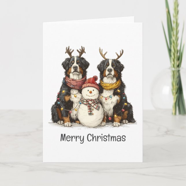 Merry Christmas Reindeer Bernese Mountain Dogs Holiday Card (Front)