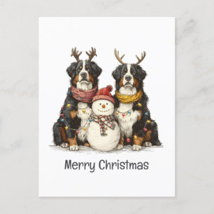 Merry Christmas Reindeer Bernese Mountain Dogs Holiday Postcard
