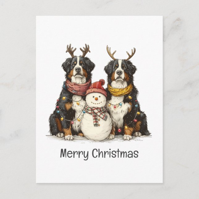 Merry Christmas Reindeer Bernese Mountain Dogs Holiday Postcard (Front)