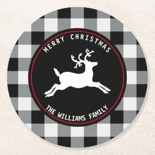 Merry Christmas Reindeer Black White Buffalo Check Round Paper Coaster