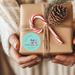 Merry Christmas – Reindeer & Bunny on Teal Classic Round Sticker