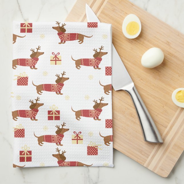 Merry Christmas Reindeer Dachshund Tea Towel (Quarter Fold)