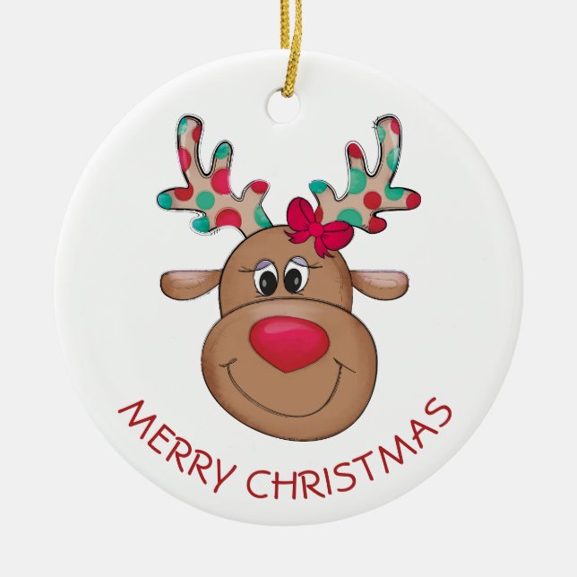 Merry Christmas Reindeer Girl Ceramic Ornament (Front)