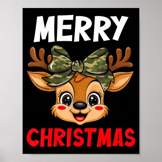 Merry Christmas Reindeer Girls Kids Camo Bow Pajam Poster (Front)