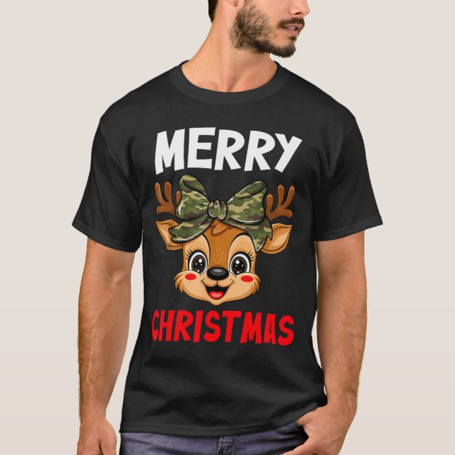 Merry Christmas Reindeer Girls Kids Camo Bow Pajam T-Shirt (Front)