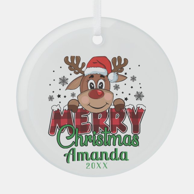  Merry Christmas Reindeer Glassc Ornament (Front)