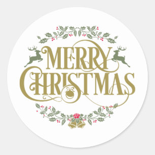 Merry Christmas Reindeer Holly Berries Classic Round Sticker