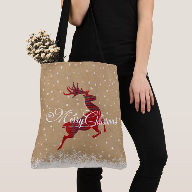 Merry Christmas Reindeer Kraft & Tartan Red ID590 Tote Bag (Close Up)