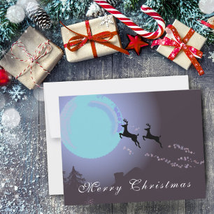 Merry Christmas Reindeer Moon Magical Night Holiday Card