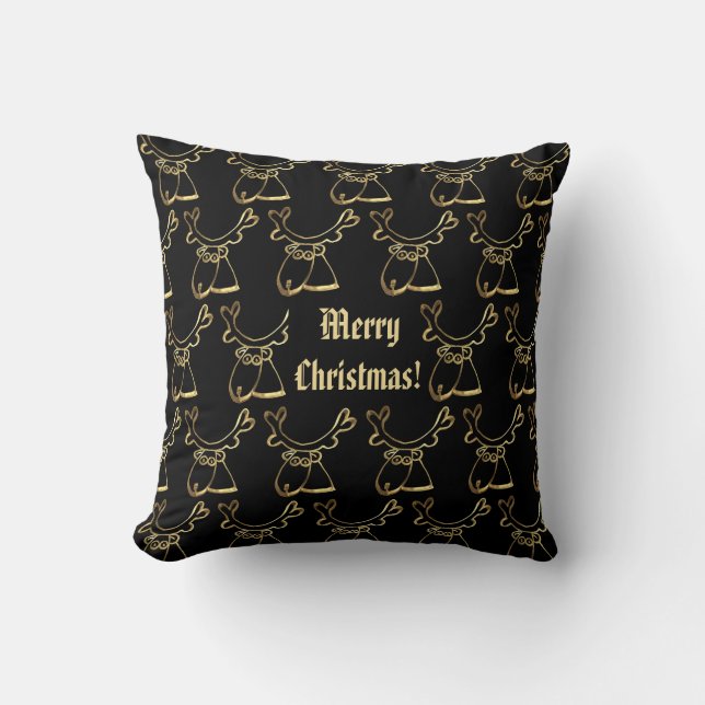 Merry Christmas Reindeer Pattern Black and Gold Cushion (Front)