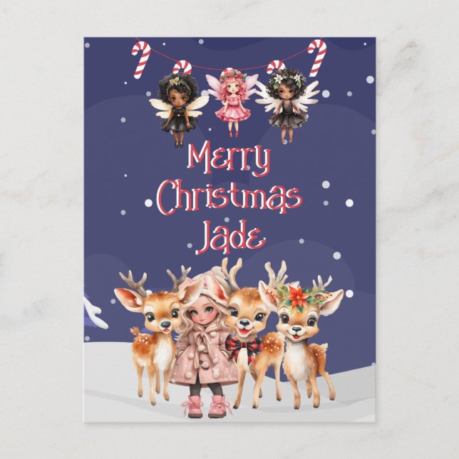 Merry Christmas Reindeer Peppermint Fairy w/ Name Holiday Postcard (Front)