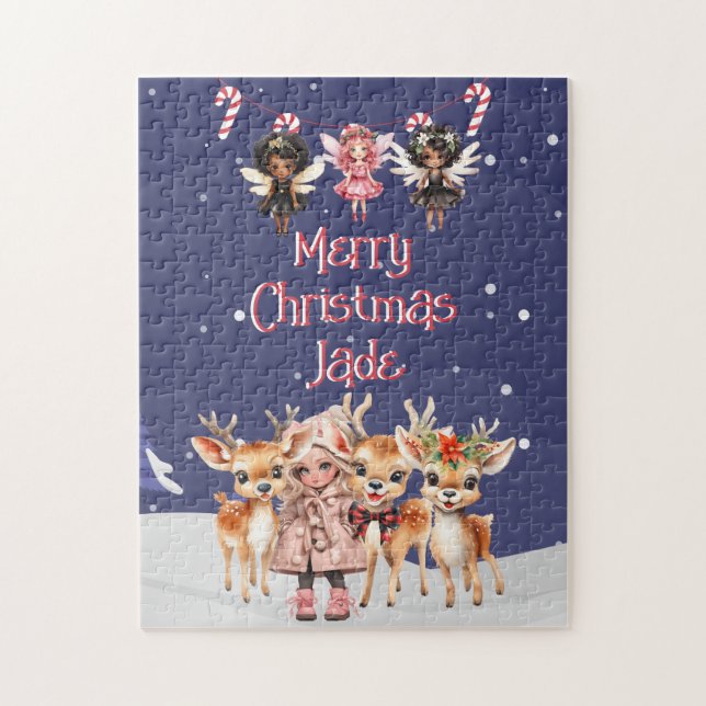 Merry Christmas Reindeer Peppermint Fairy w/ Name Jigsaw Puzzle (Vertical)