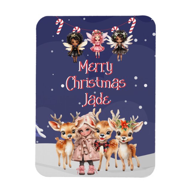 Merry Christmas Reindeer Peppermint Fairy w/ Name Magnet (Vertical)
