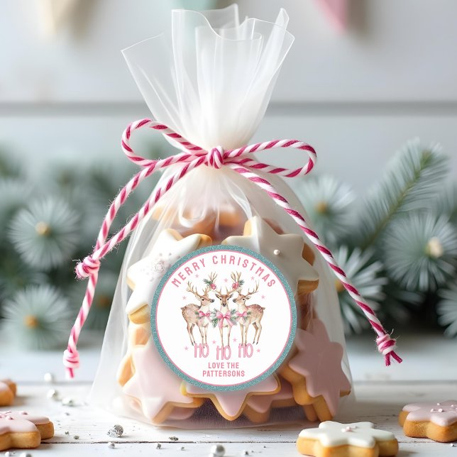 Merry Christmas Reindeer Personalised Name Classic Round Sticker (Creator Uploaded)