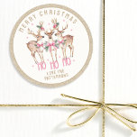 Merry Christmas Reindeer Personalised Name Classic Round Sticker<br><div class="desc">Merry Christmas Reindeer Festive Modern Personalised Name Stickers features festive reindeer with pink bows and floral accents with the text "Merry Christmas" in modern gold calligraphy script typography with your personalised name. Perfect personalised stickers to place on gifts, envelopes, seals and more for Christmas and the holidays for family and...</div>