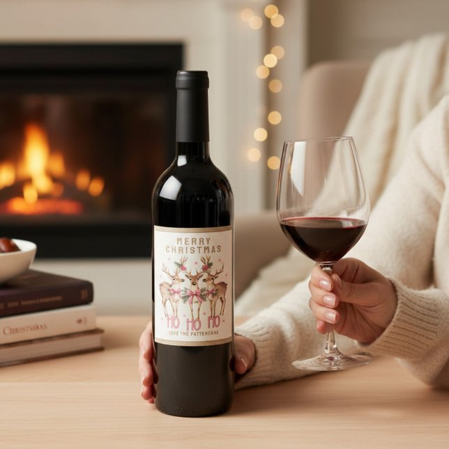 Merry Christmas Reindeer Personalised Name Wine Label (Creator Uploaded)