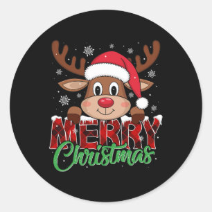 Merry Christmas Reindeer Plaid Xmas Family Classic Round Sticker