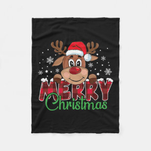 Merry Christmas Reindeer Plaid Xmas Family Fleece Blanket