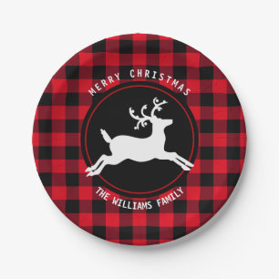 Merry Christmas Reindeer Red Black Buffalo Check Paper Plate