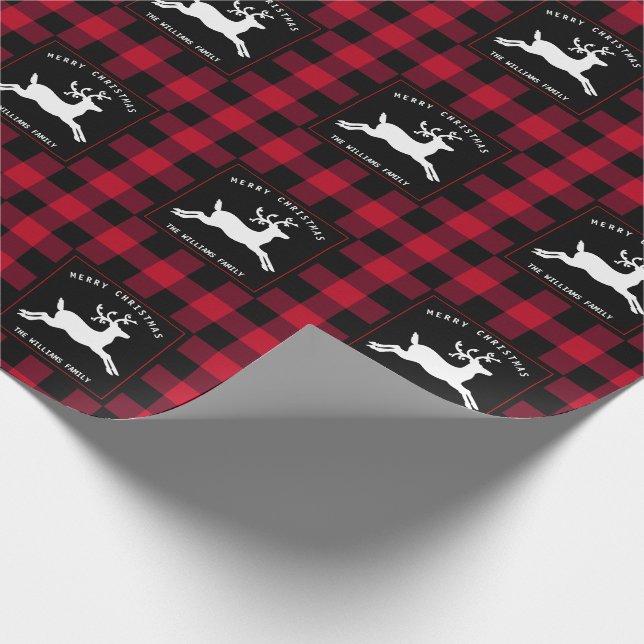 Merry Christmas Reindeer Red Black Buffalo Check Wrapping Paper (Corner)