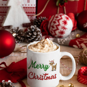 Merry Christmas Reindeer red green half script Coffee Mug