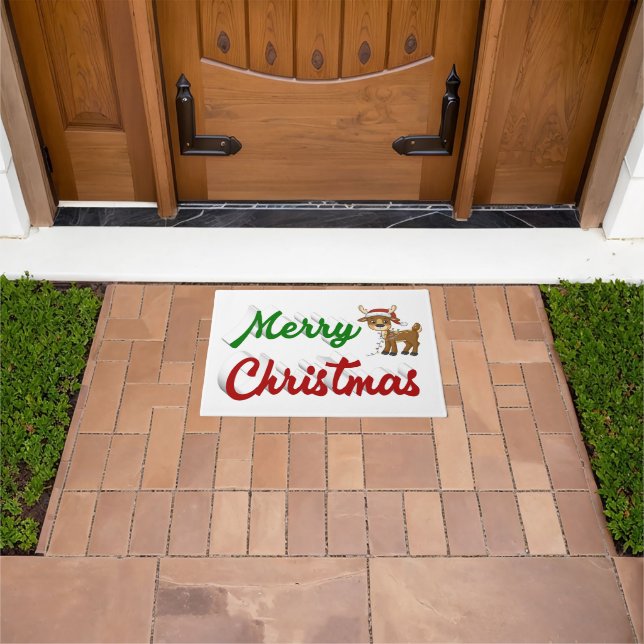 Merry Christmas Reindeer red green script  Doormat (Outdoor)
